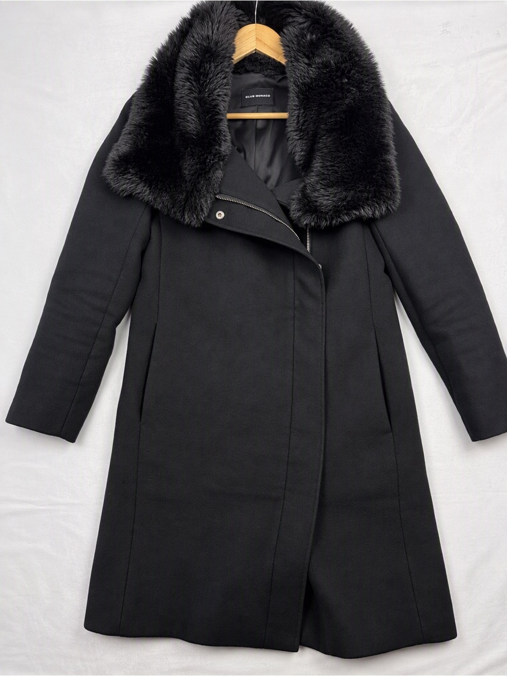 Club Monaco Black Faux Fur Collar Wool Blend Coat Elegant Winter Coat